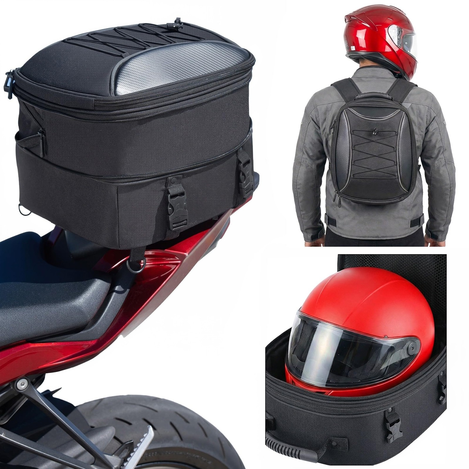 Motorcycle Tail Bag Fits Helmets, 22L-35L Expandable Hard Shell Waterproof Re…