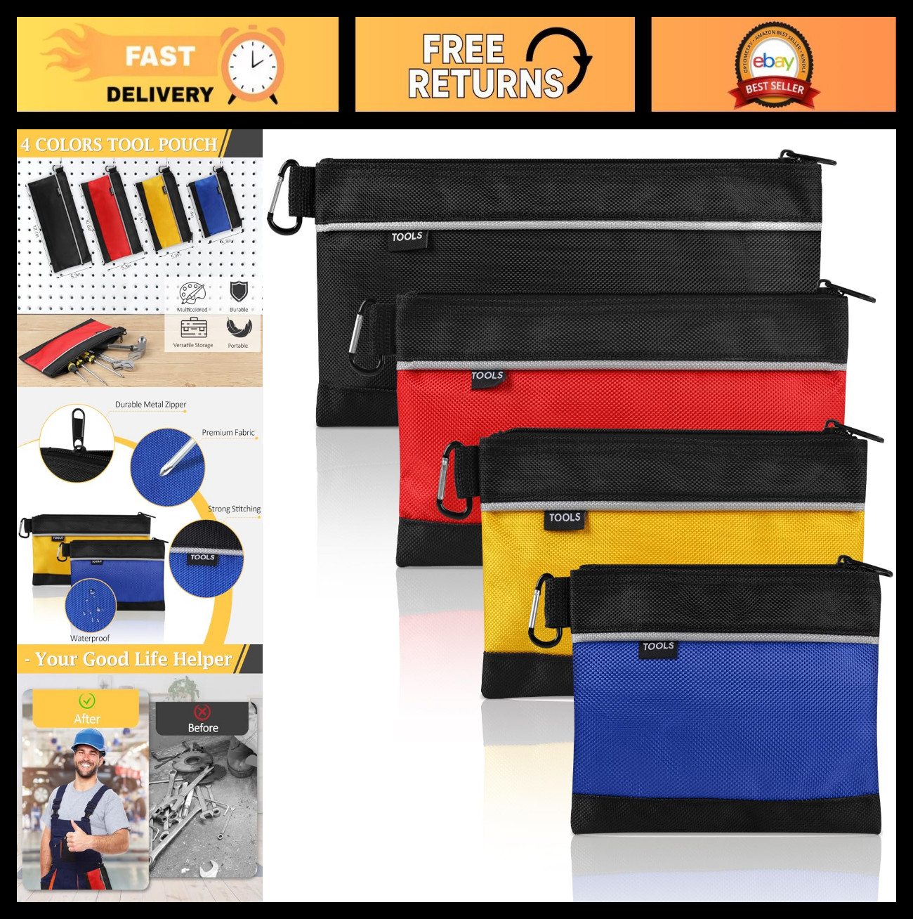4 Pack Waterproof Tool Pouches, Zippered Small Bags for Tools, Travel & Gadgets