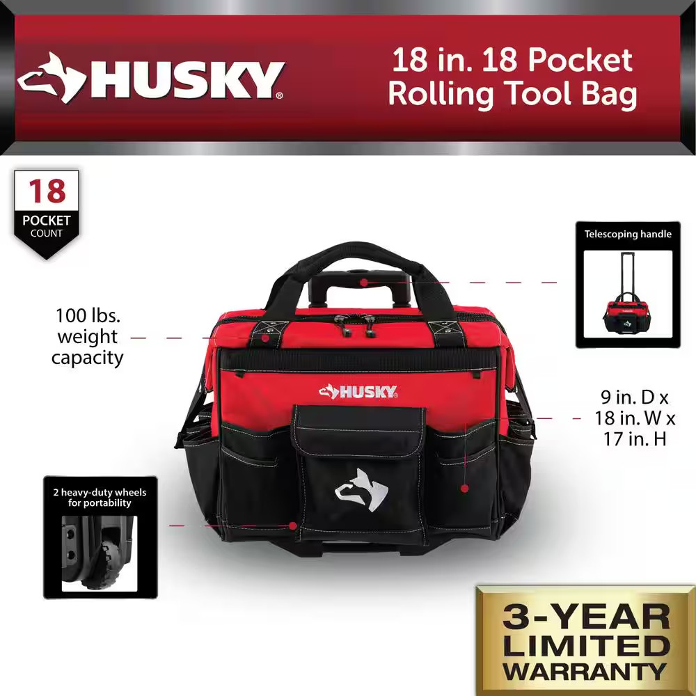 Husky 18 in. 18 Pocket Rolling Tool Bag NEW