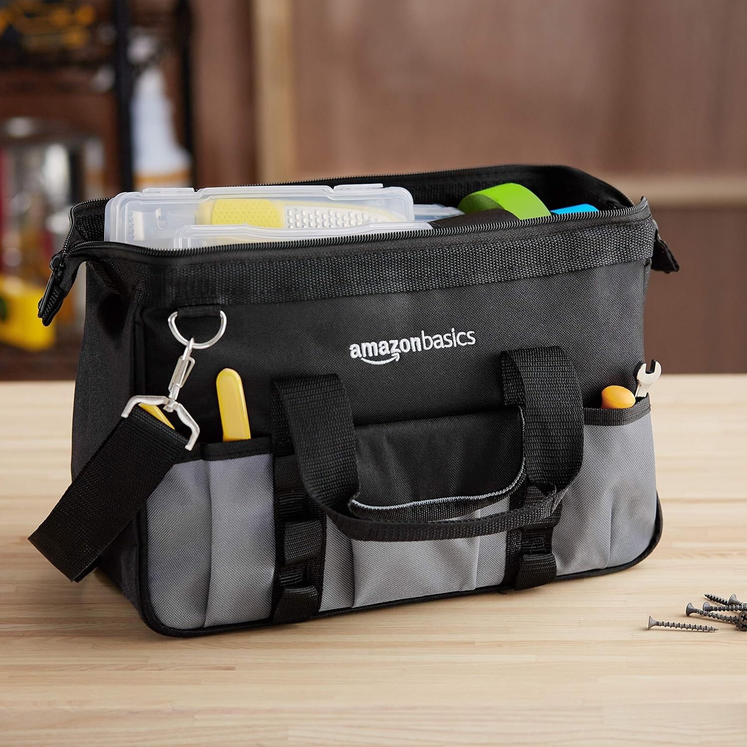 Durable Tool Storage Bag with 16 Pockets & Adjustable Strap, 12in, Black & Gray