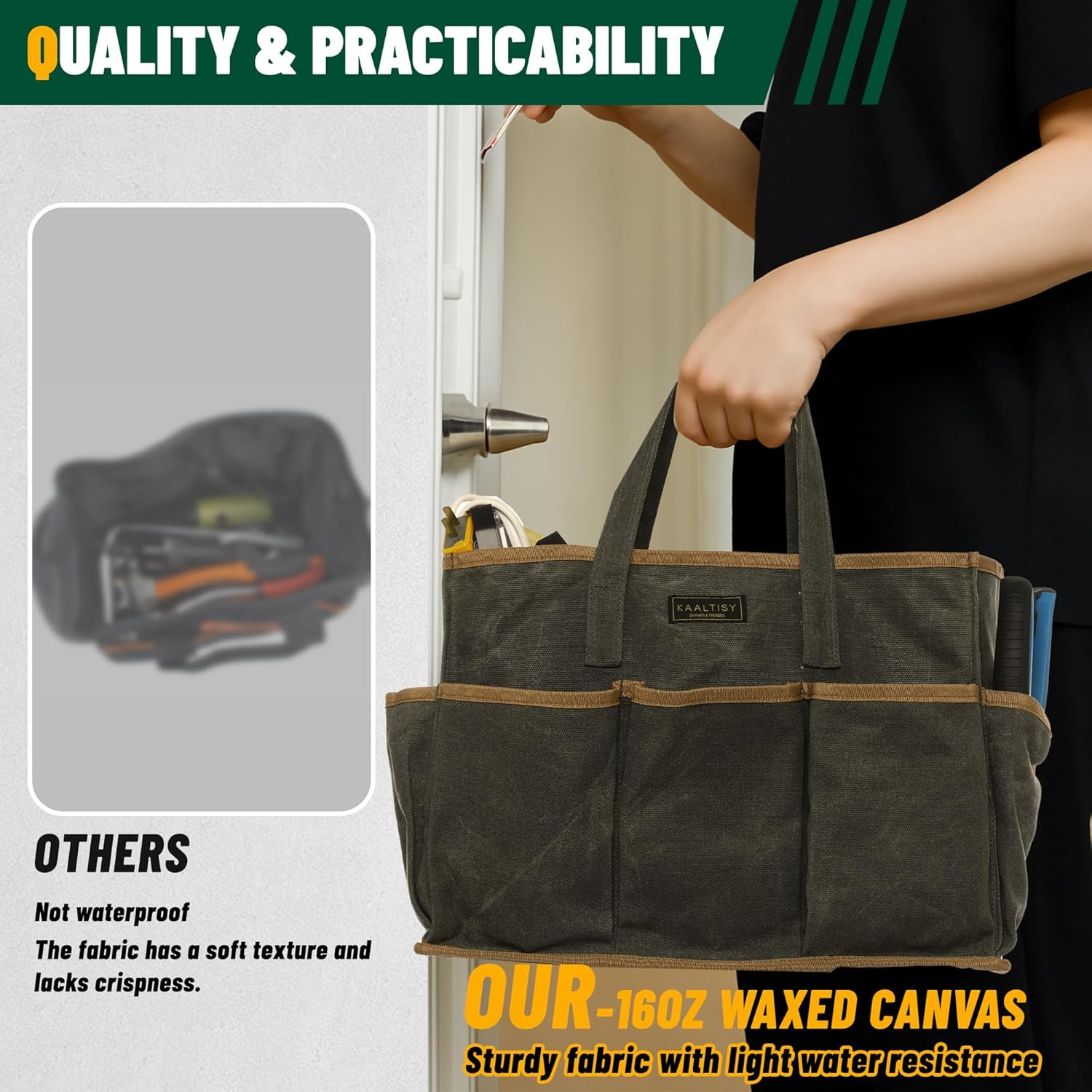 Tool Tote Bag, Heavy Duty 16Oz Waxed Canvas Garden Tool Bag | Portable 11-Pocket