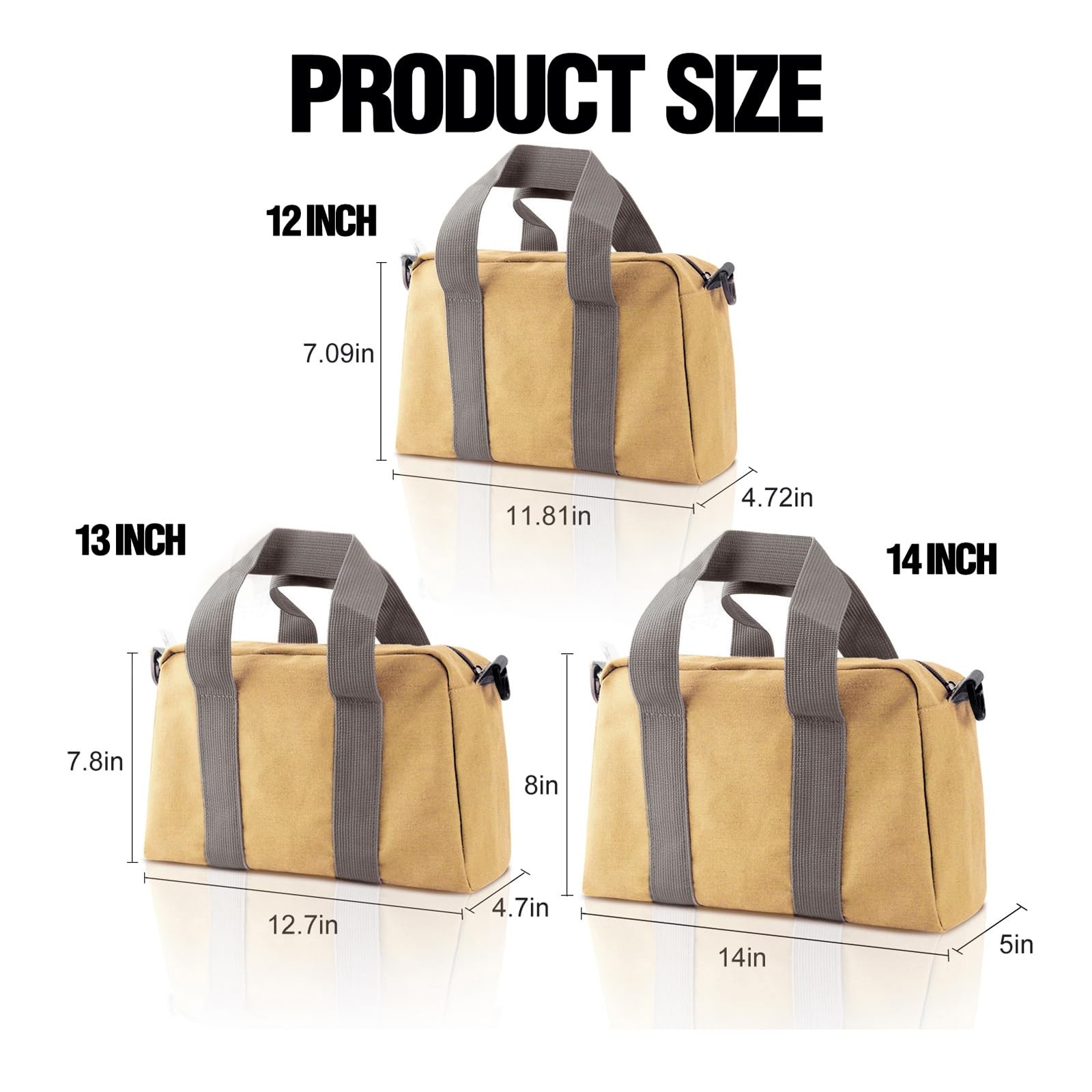 Small Tool Bag, Canvas Storage Large Capacity 13 Inch, khaki