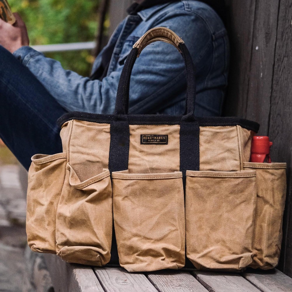 14″ Waxed Canvas Supply Bag, Garden Tool Tote & Utility Storage with Pockets