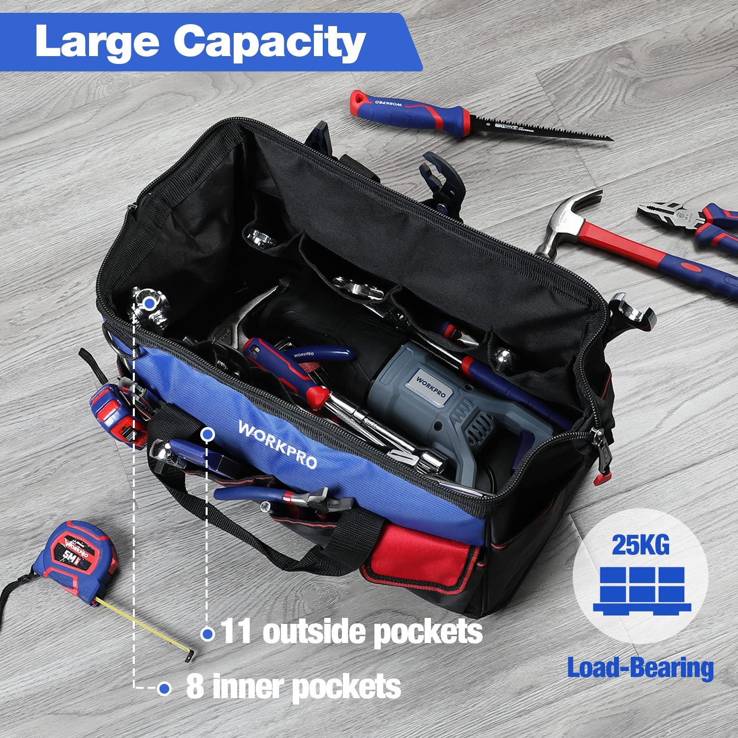 WORKPRO Tool Bag, 18 Inch Bag with 18″ x 12.6″ x 10″, Blue&Black
