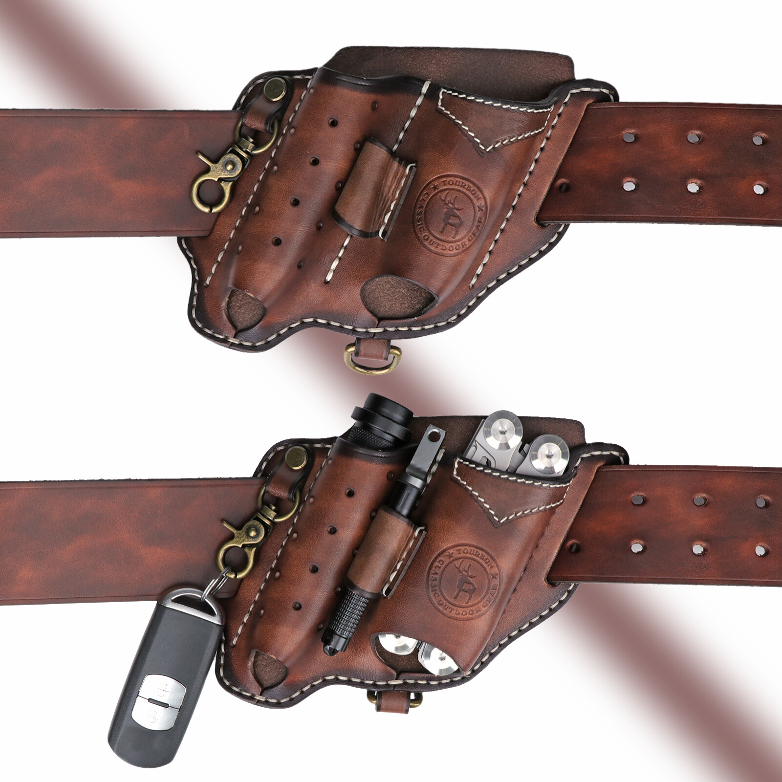 TOURBON Leather EDC Multitool Pouch Flashlight Holder Knife Belt Holster Camping