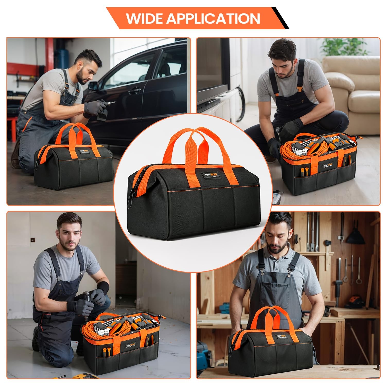 14 inch Tool Bag, Black, Orange, 600D Polyester, Heavy Duty Storage Organizer