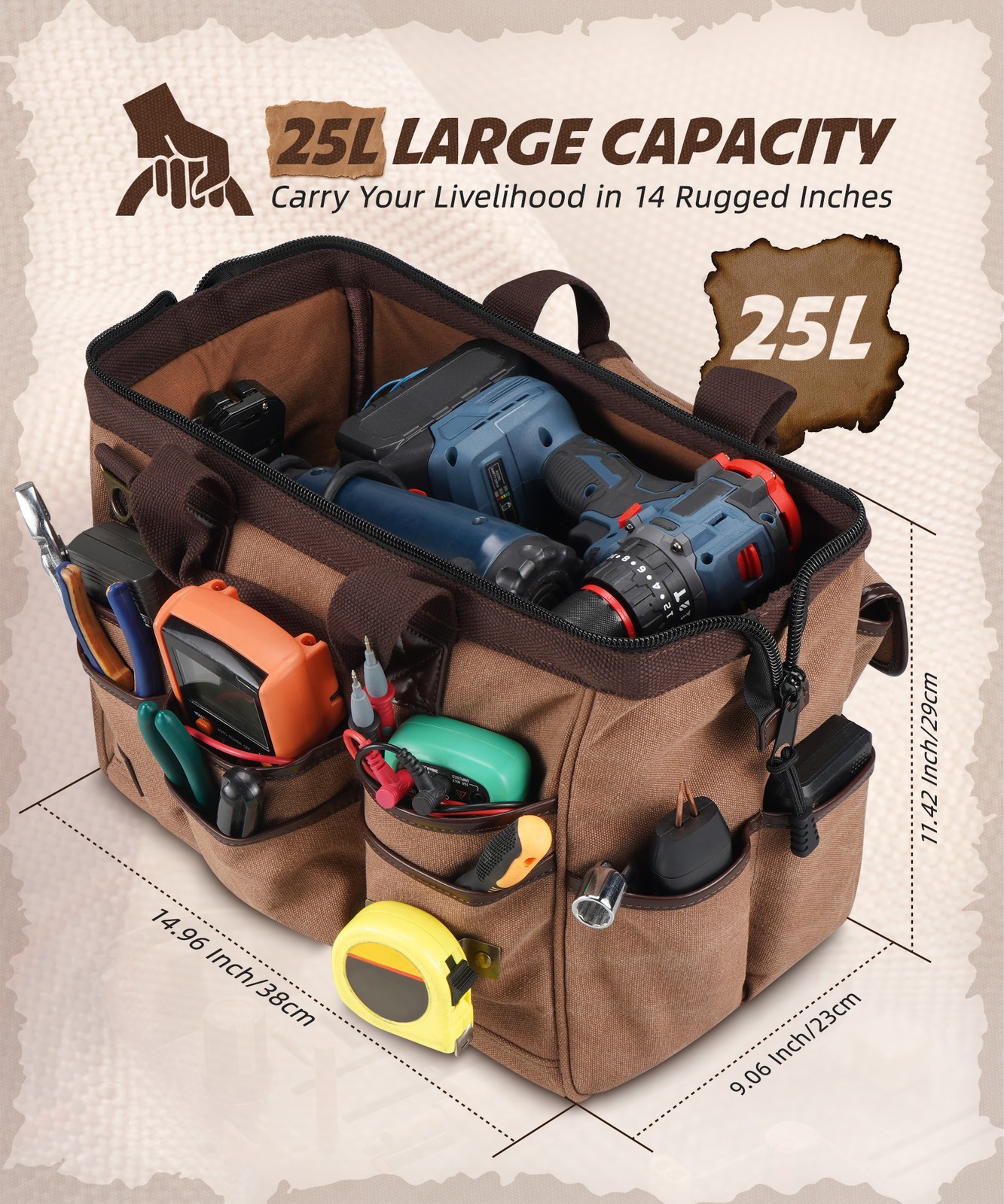ARCFOX Washed Canvas Electrician Tool Bag 21 Pockets Wide Mouth Tool Organizer
