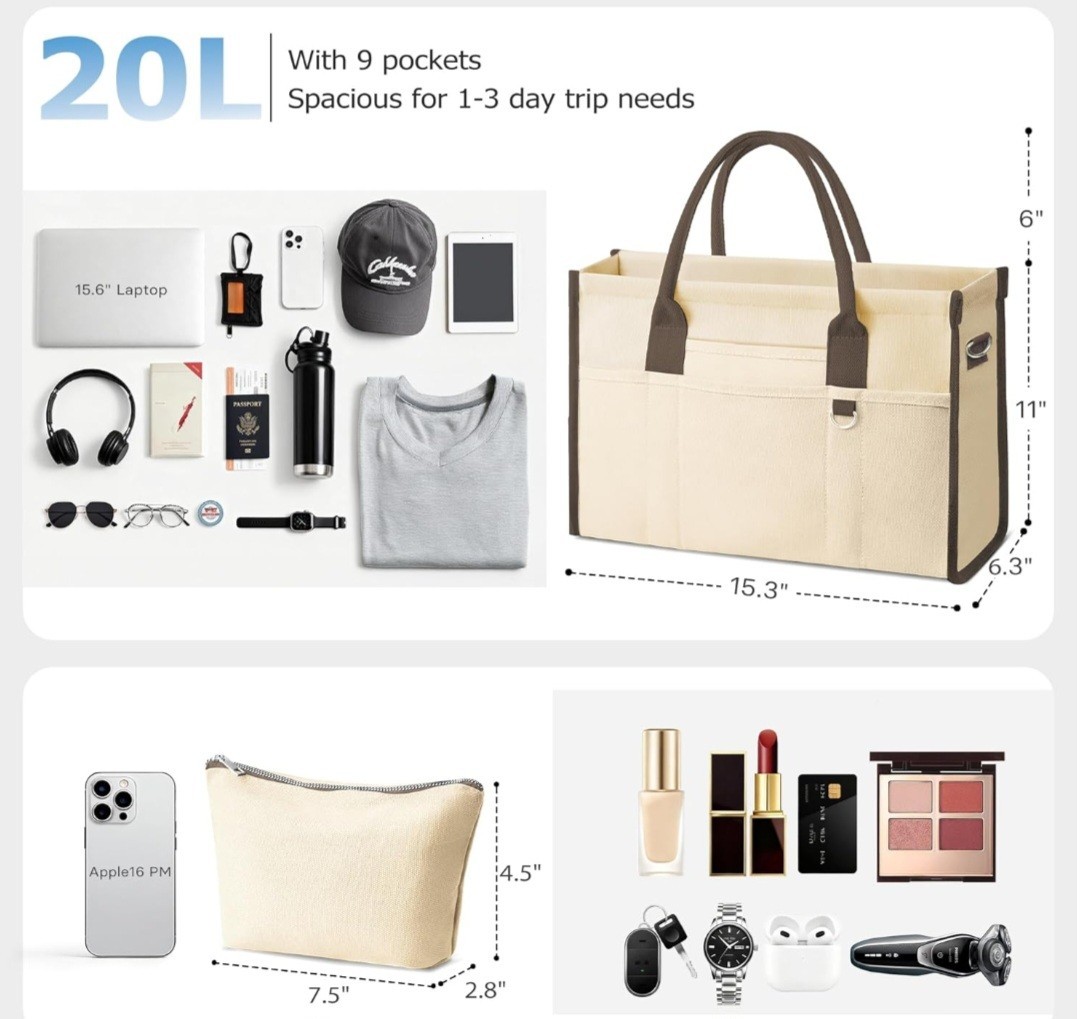 Canvas Lg. Tote Bag, Crossbody Handbag for Work, Travel, Beach W/ Compartments
