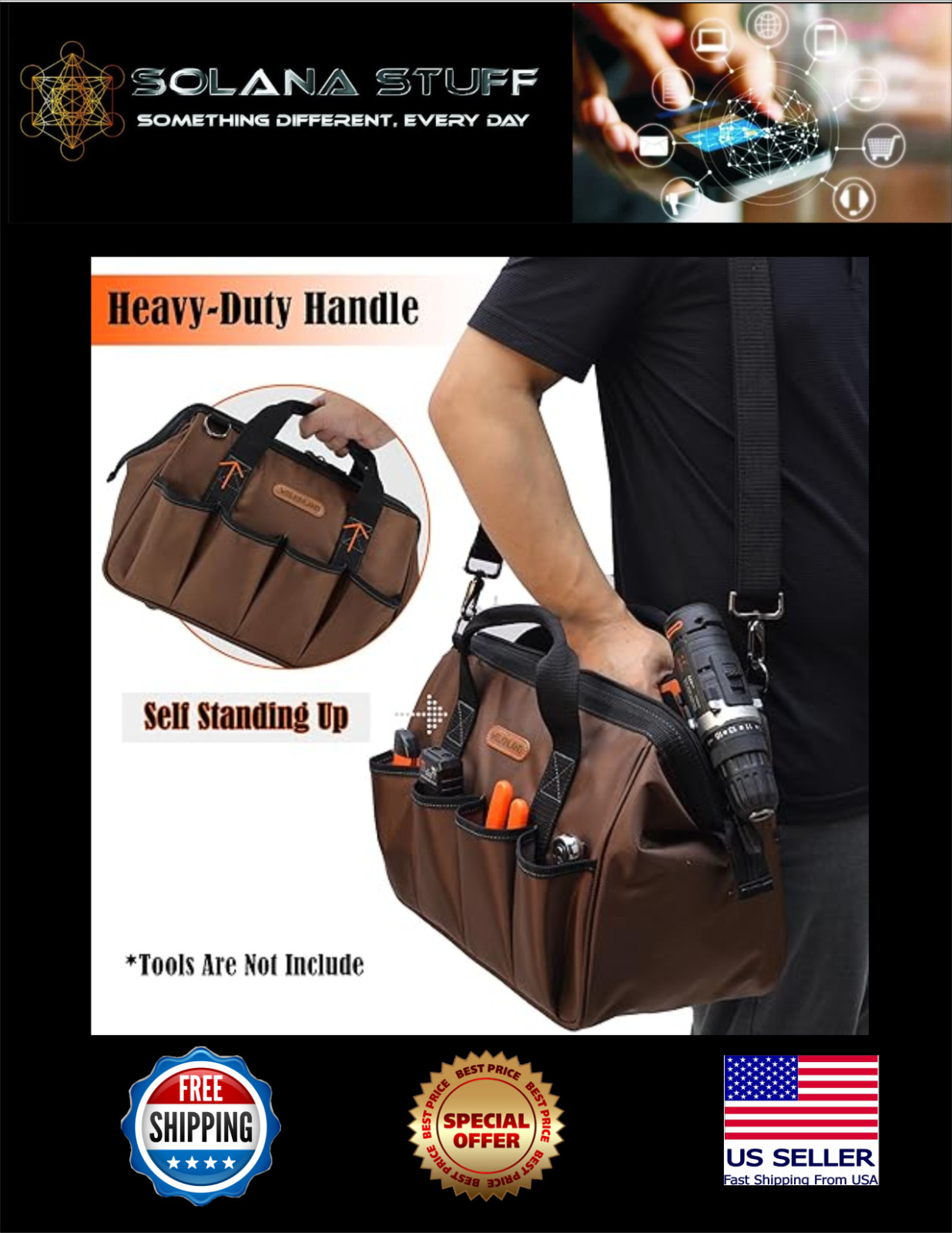WELKINLAND 17-Pockets Tool Bag, 14″ Portable, Brown With Shoulder Straps, NEW