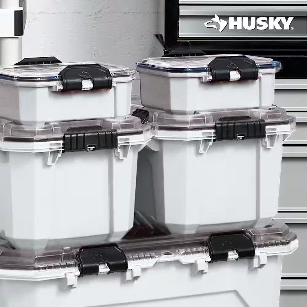 Husky Heavy Duty 0.8 gal Compact Waterproof White Storage Tote with Lid (4-Pack)