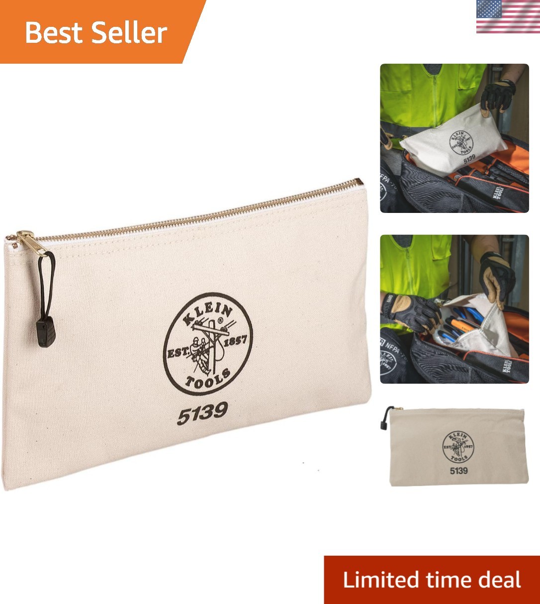 Klein Heavy-Duty Canvas Tool Pouch with Brass Zipper – 12.5 x 7 x 0.7 Inch