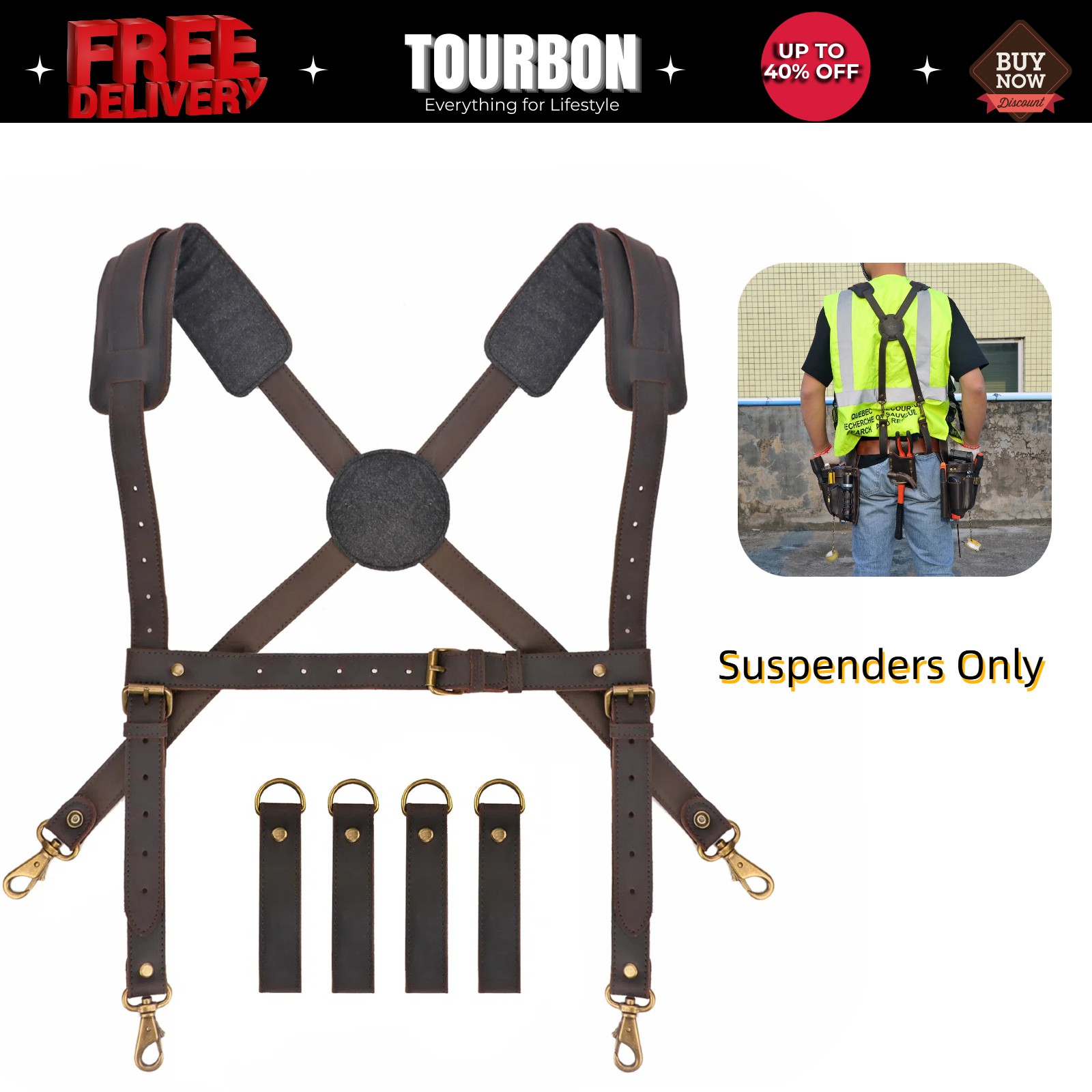 TOURBON Leather Tool Harness Suspenders Belt for Carpenter & Contractor Working
