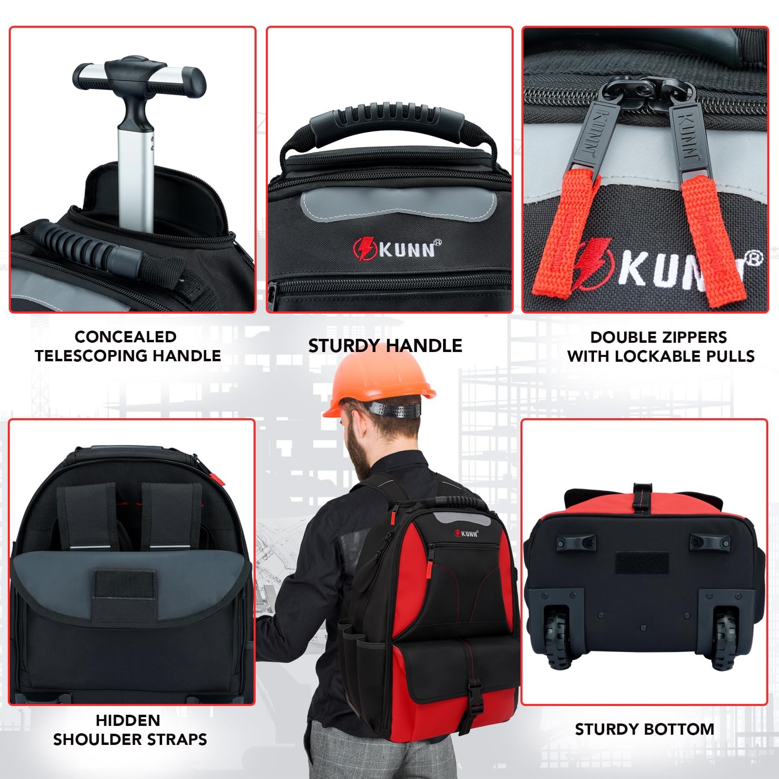Kunn Rolling Tool Backpack Wheels Heavy Duty 37-Pocket Roller Tool Bag Backpack