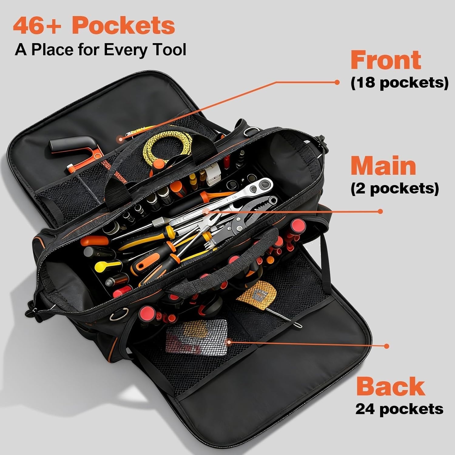 20 Inch Heavy Duty Tool Bag for Electrician 80 Molle Loops 46 Pockets Waterproof