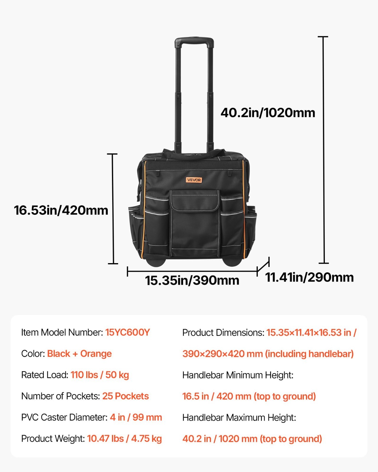 Heavy Duty 15″ Rolling Tool Bag on Wheels, 110 lbs Capacity, 25 Pockets, Adjusta