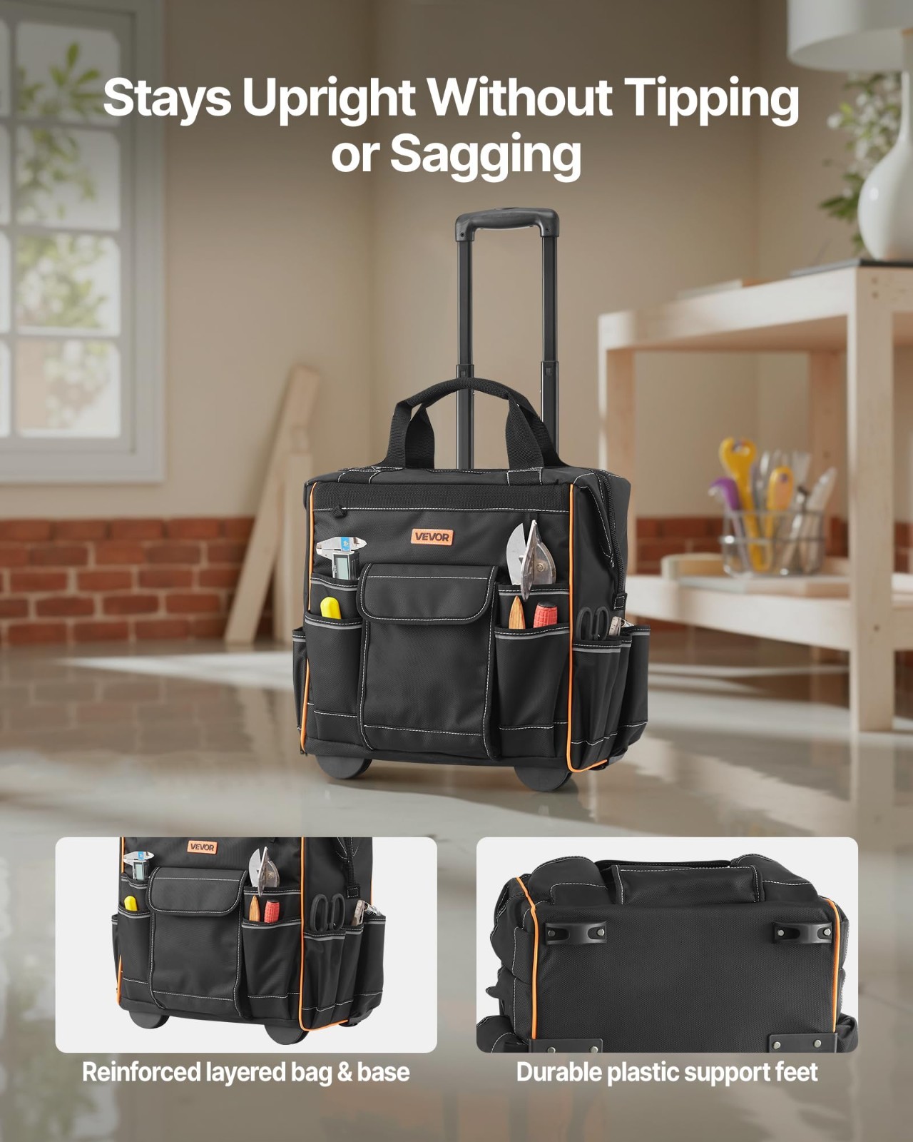 Heavy Duty 15″ Rolling Tool Bag on Wheels, 110 lbs Capacity, 25 Pockets, Adjusta