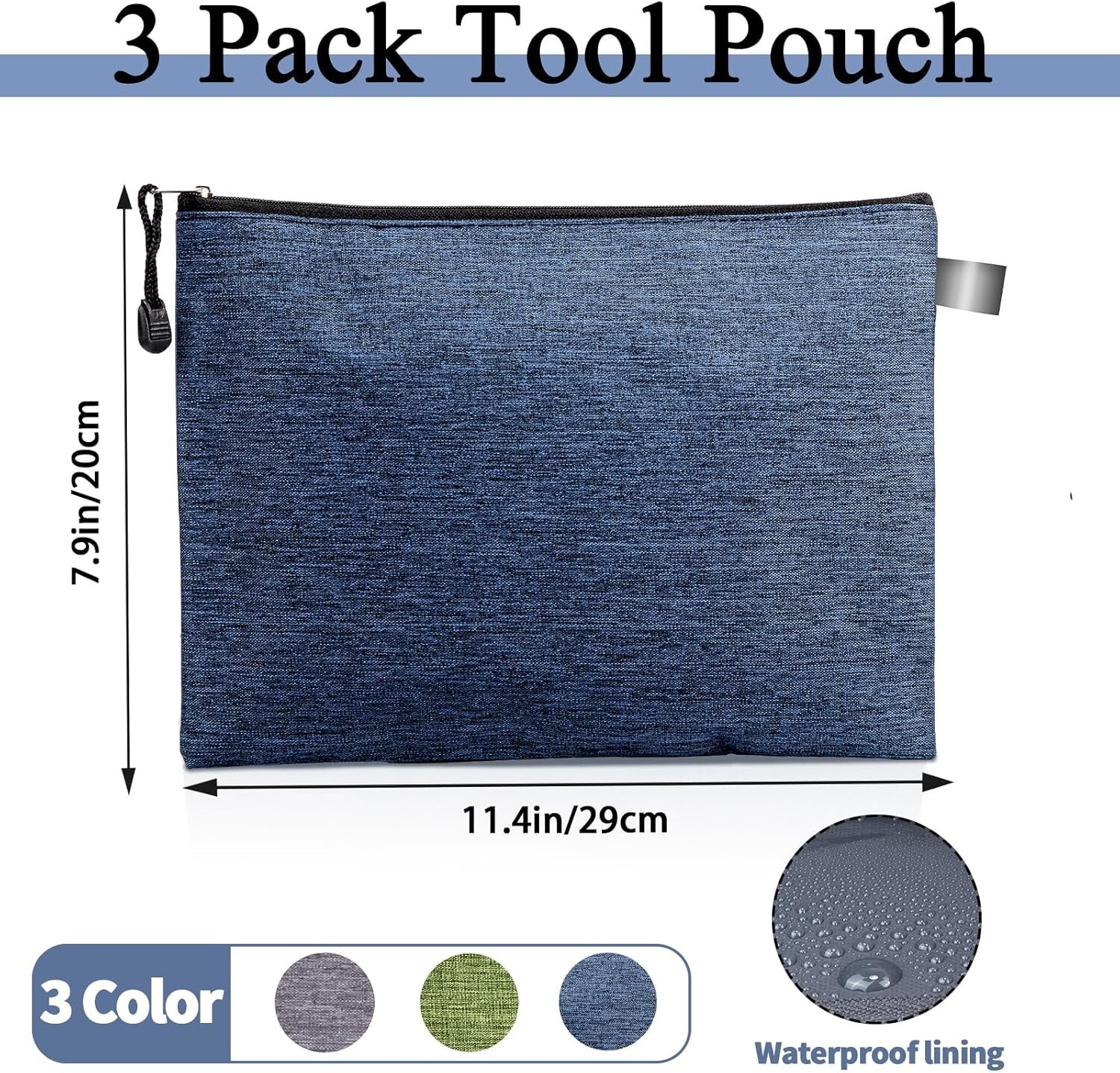 Tool Pouches With Zipper 3 Pack Waterproof Small Tool Bag 7.9 x 11.4 inches