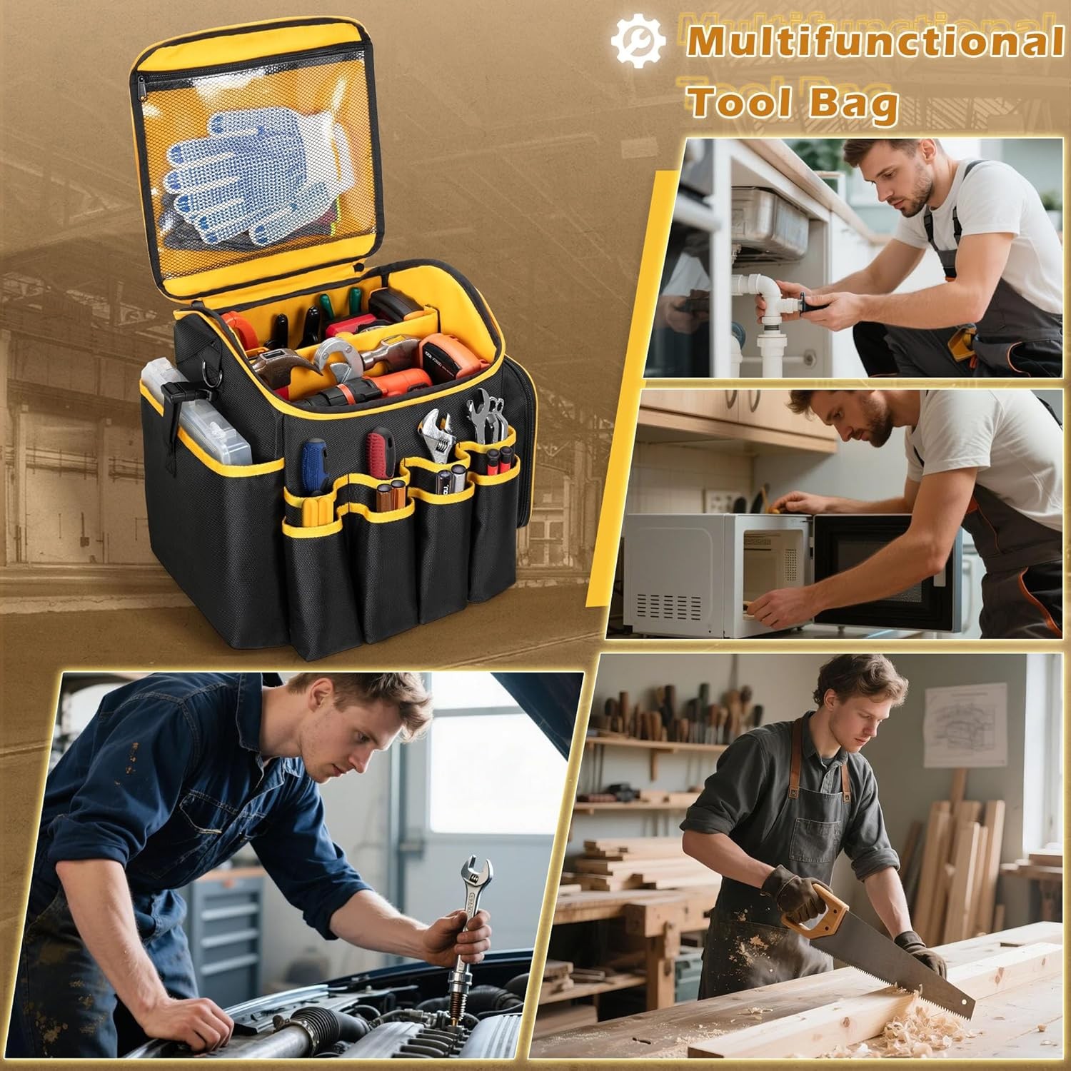 Tool Bag with a Detachable Divider and Shoulder Strap, Heavy Duty Tool Tote