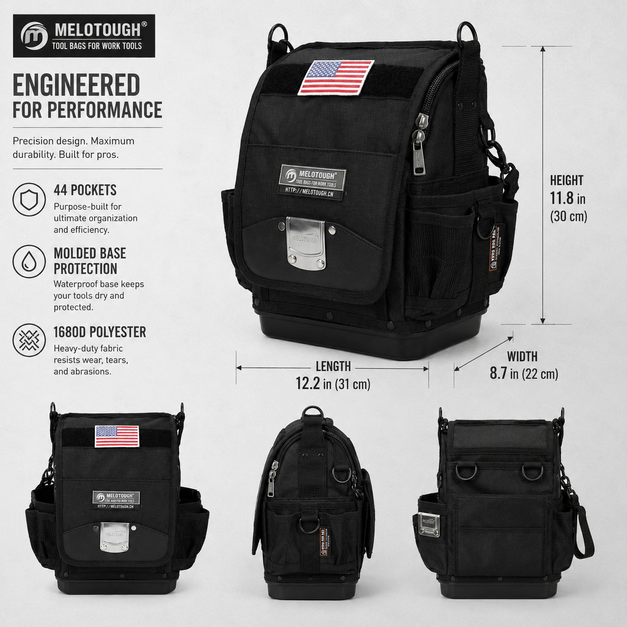 Professional Technician Tool Bag 1680D Waterproof Base 44-Pocket Organizer