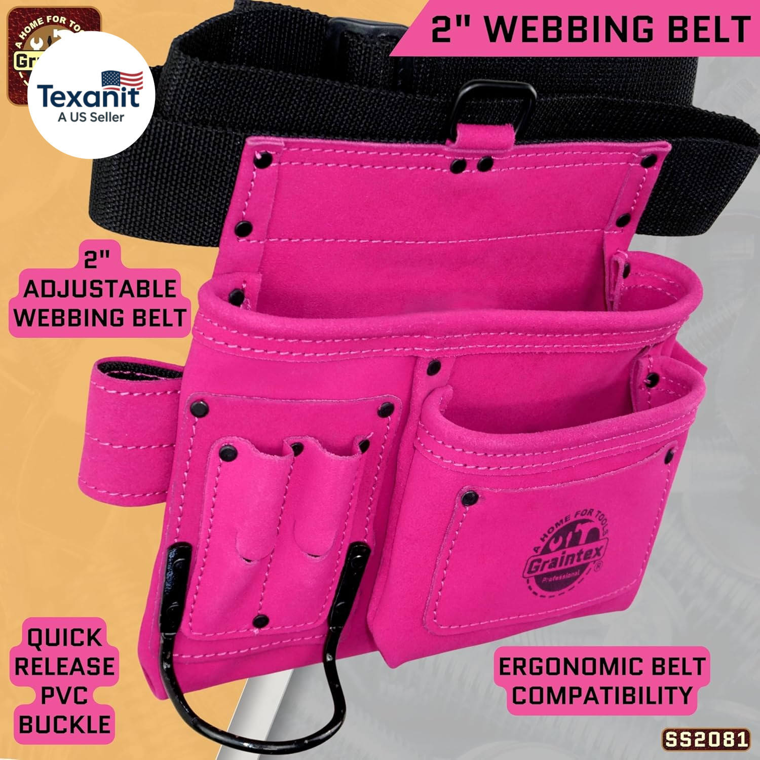 5 Pocket Suede Leather Tool Belt/Bag | Pink | Multipurpose Leather Tool Belt for