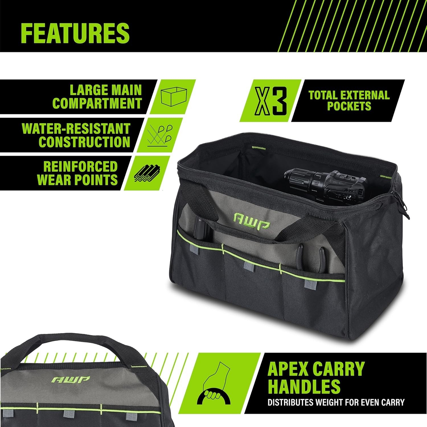 AWP Tool Bags, Premium Tool Bag, Black, Durable Tool Tote, for Professionals and