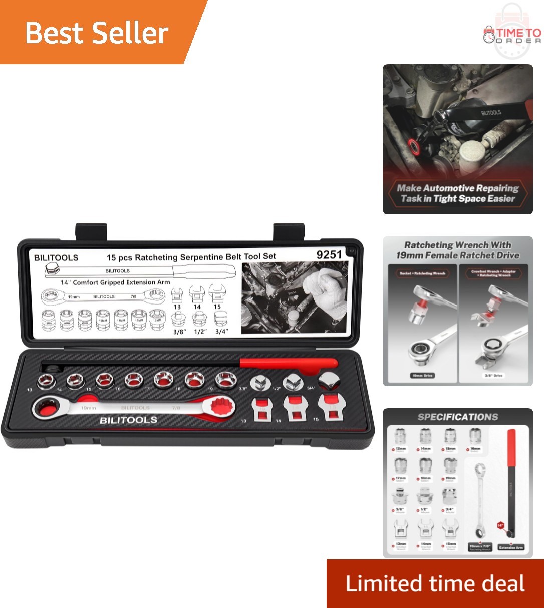 15-Piece Serpentine Belt Tool Set Carbon Steel Ratchet Wrench Socket Adapters