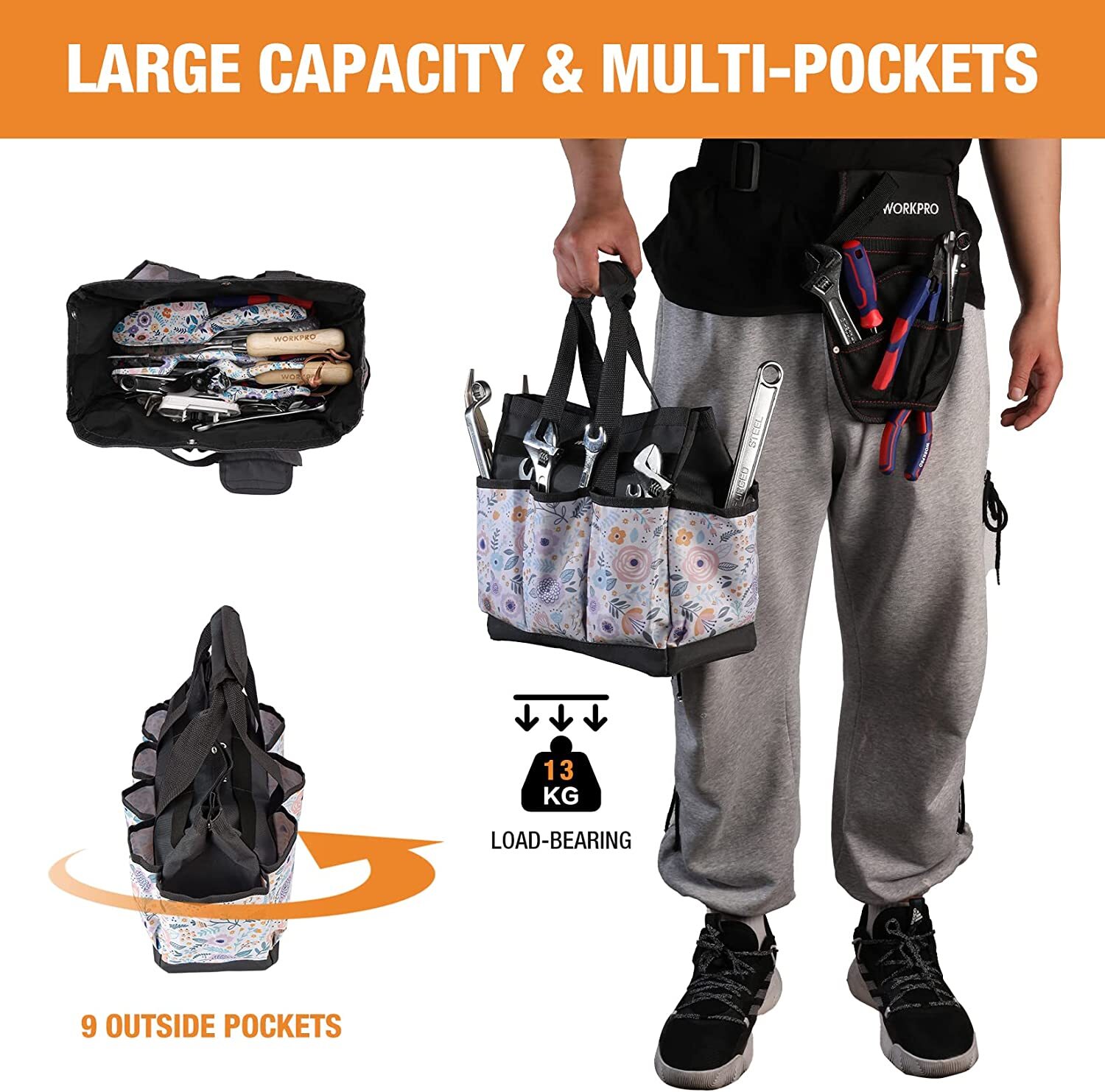 WORKPRO Garden Tool Bag 9 Pockets Heavy Duty Oxford Tool Bag(Tools NOT Included)