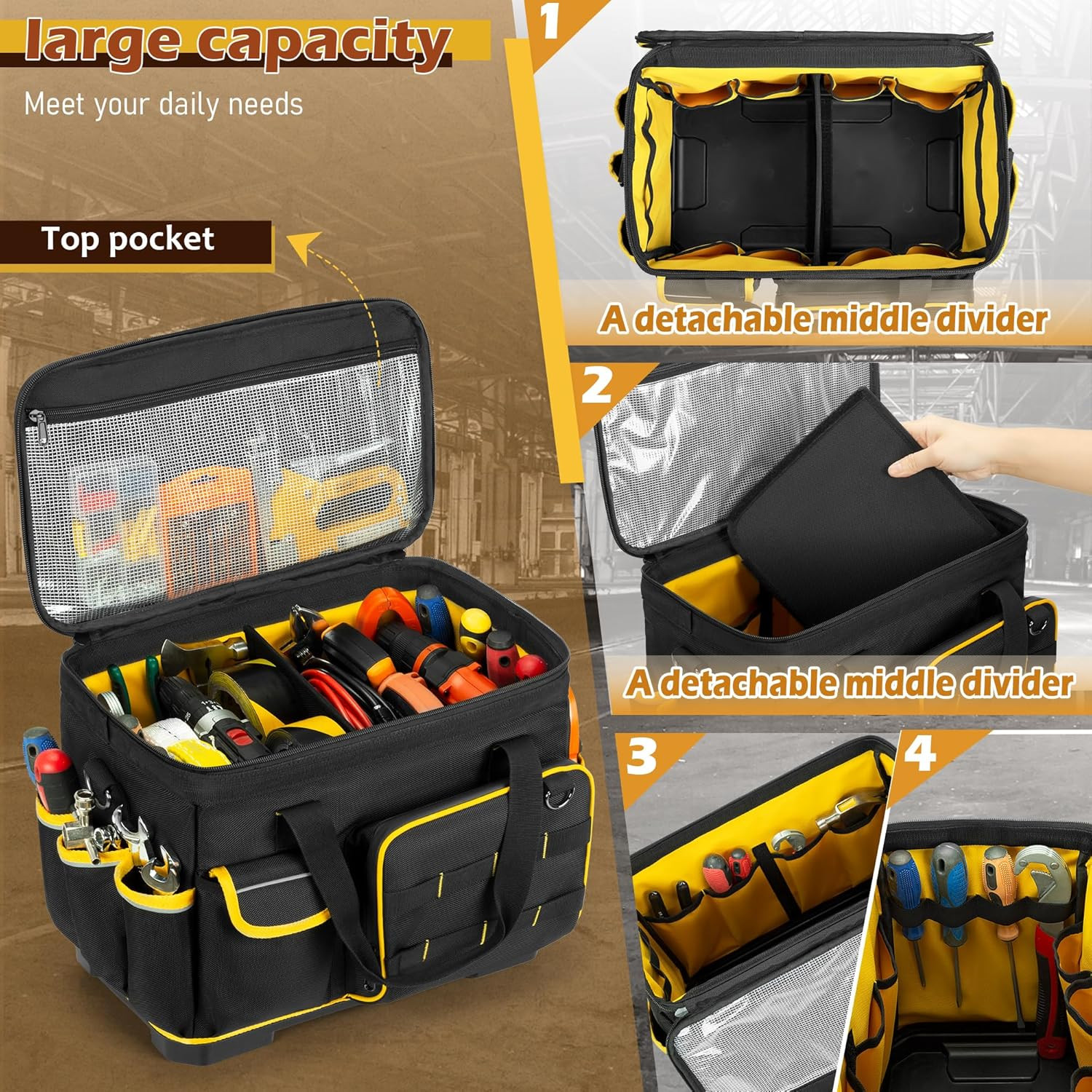 16-Inch Tool Bag with Hard Bottom and a Detachable Divider, Heavy Duty Tool Tote