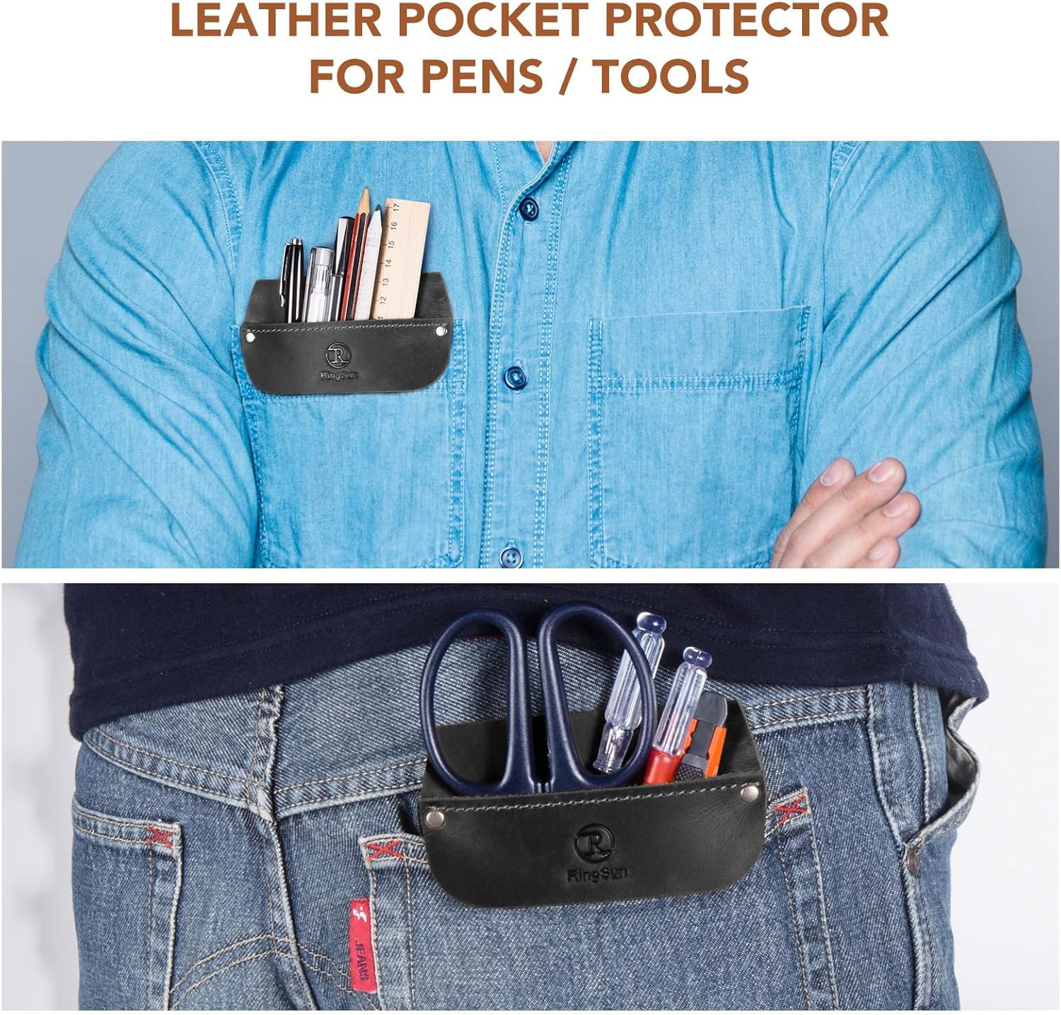 Ringsun Genuine Leather Pocket Protector for Men for Tools Pens, Handmade Durabl