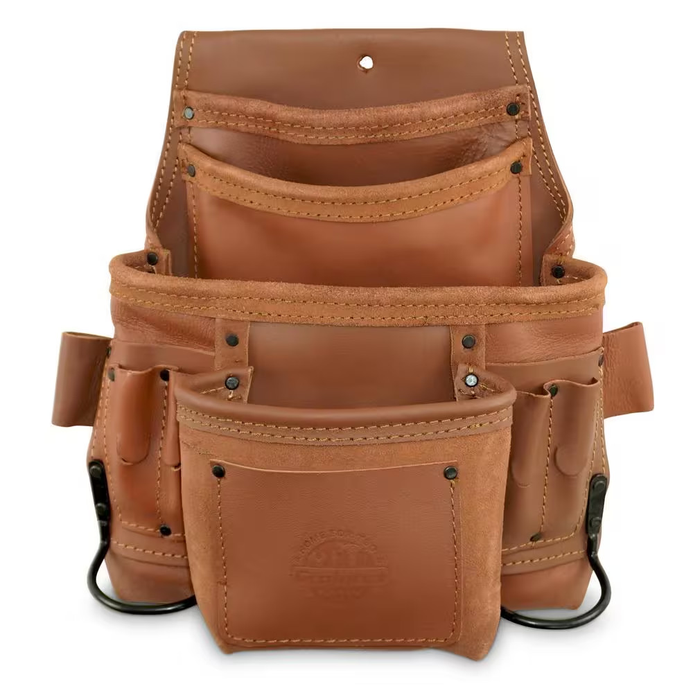 10-Pocket Nail and Tool Pouch Tan Color Industrial Grade Leather W/2 Hammer Hold