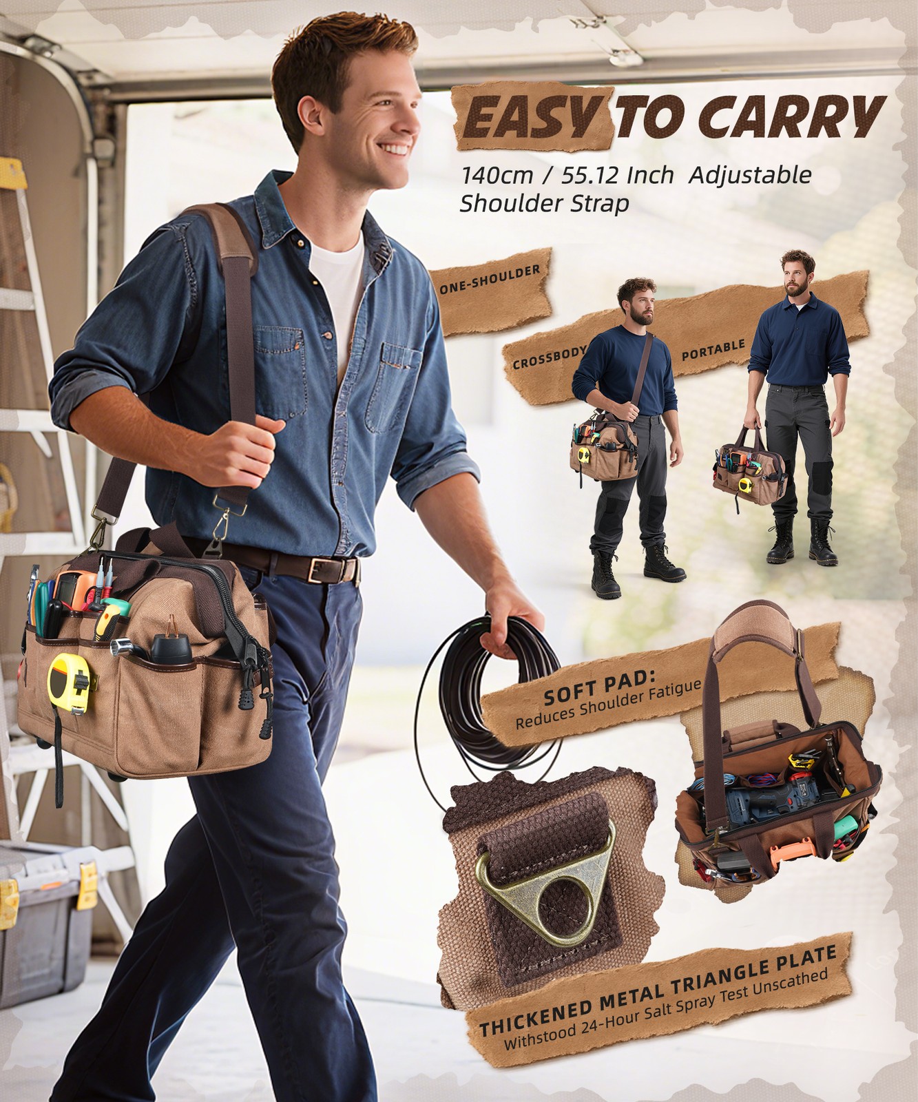 Canvas Large Electrician Tool Storage Bag Large-Opening Tool Bag Tote Crossbody