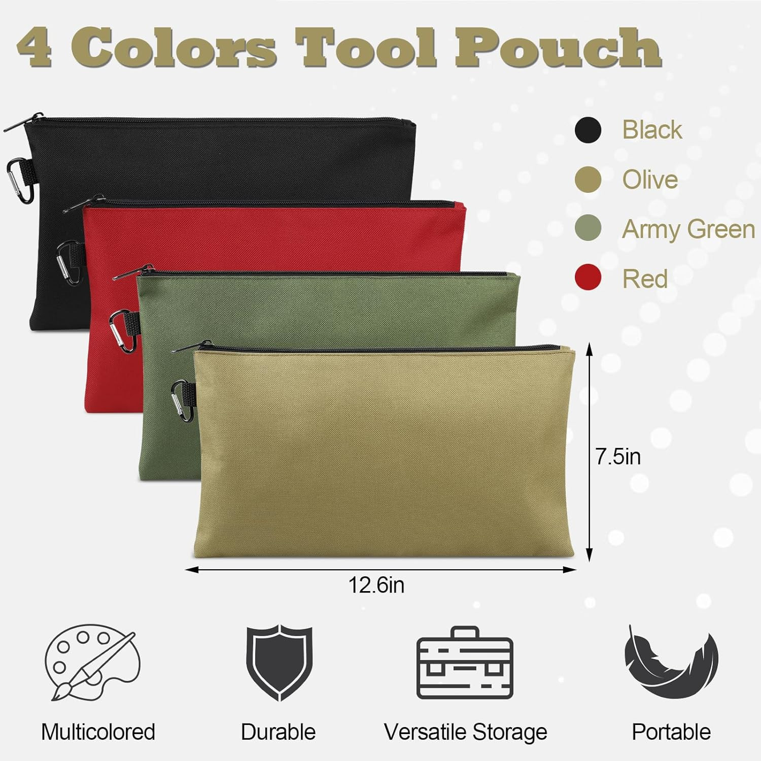 4 Pack Tool Bag 12 Inch Zipper Pouch Multipurpose Storage Bags with Carabiner