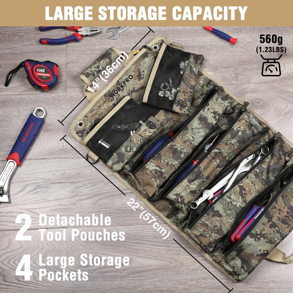WORKPRO Roll Up Tool Bag Heavy Duty Tool Organizer 6 Pockets Tool Roll Organizer
