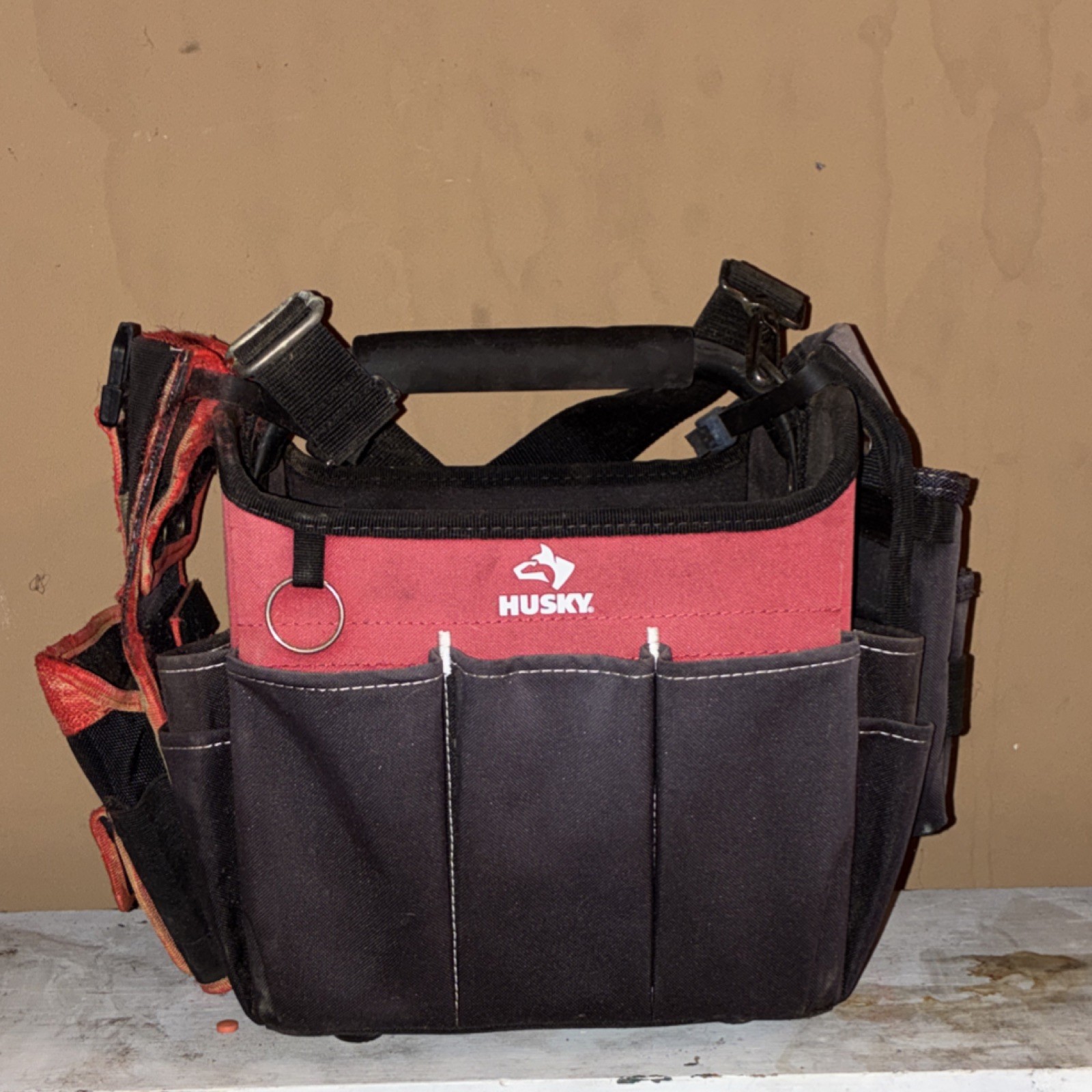 Husky Black and Red Fabric Tool Bag with Handle and Multiple Pockets