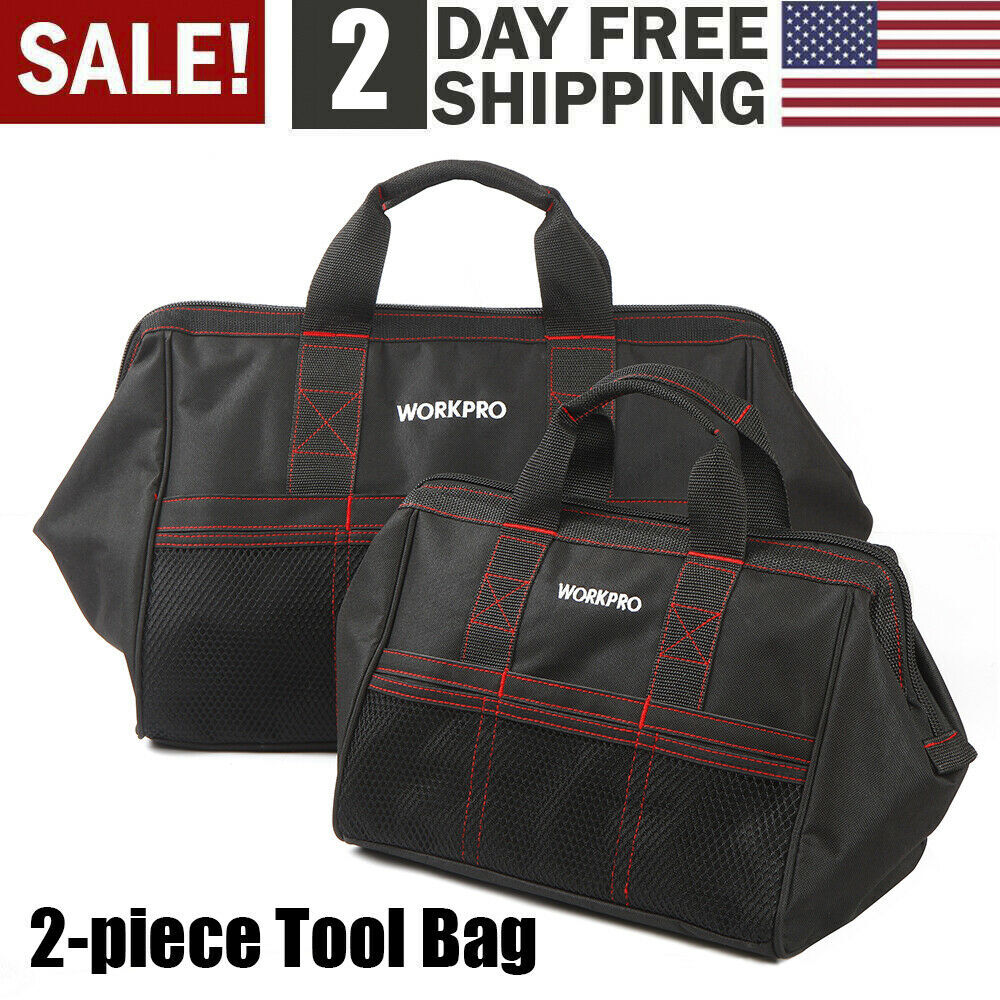 WORKPRO 2PC 13″ 18″ Tool Bag Case Heavy Duty Tote Storage Wide Mouth With Zipper