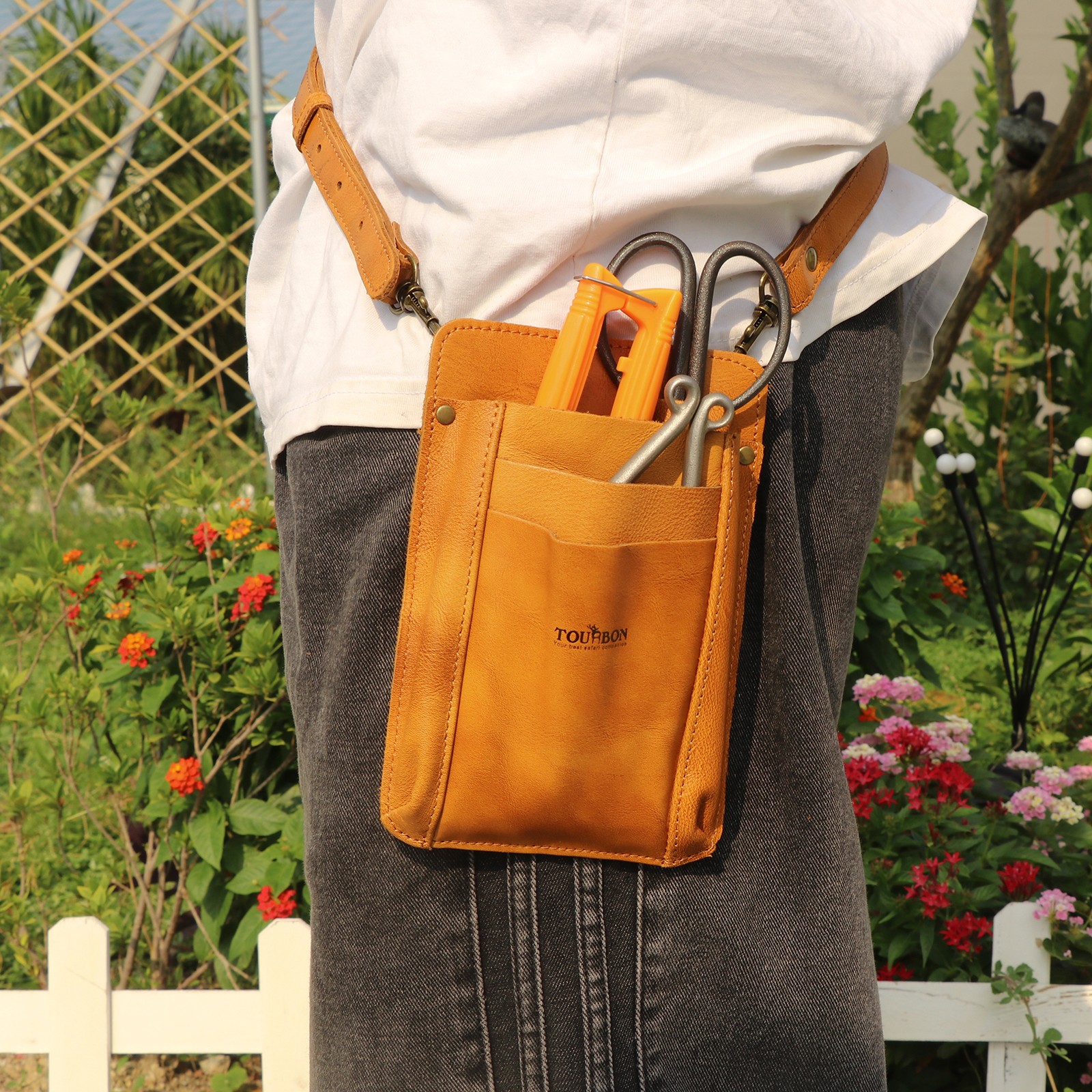 TOURBON Leather Garden Tools Organizer Belt Pouch Florists Crossbody Bag Women