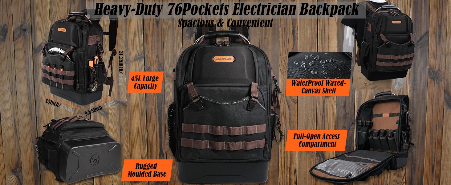 WELKINLAND 76 Pocket Hard Bottom Tool Backpack w/ 16″ Laptop Compartment