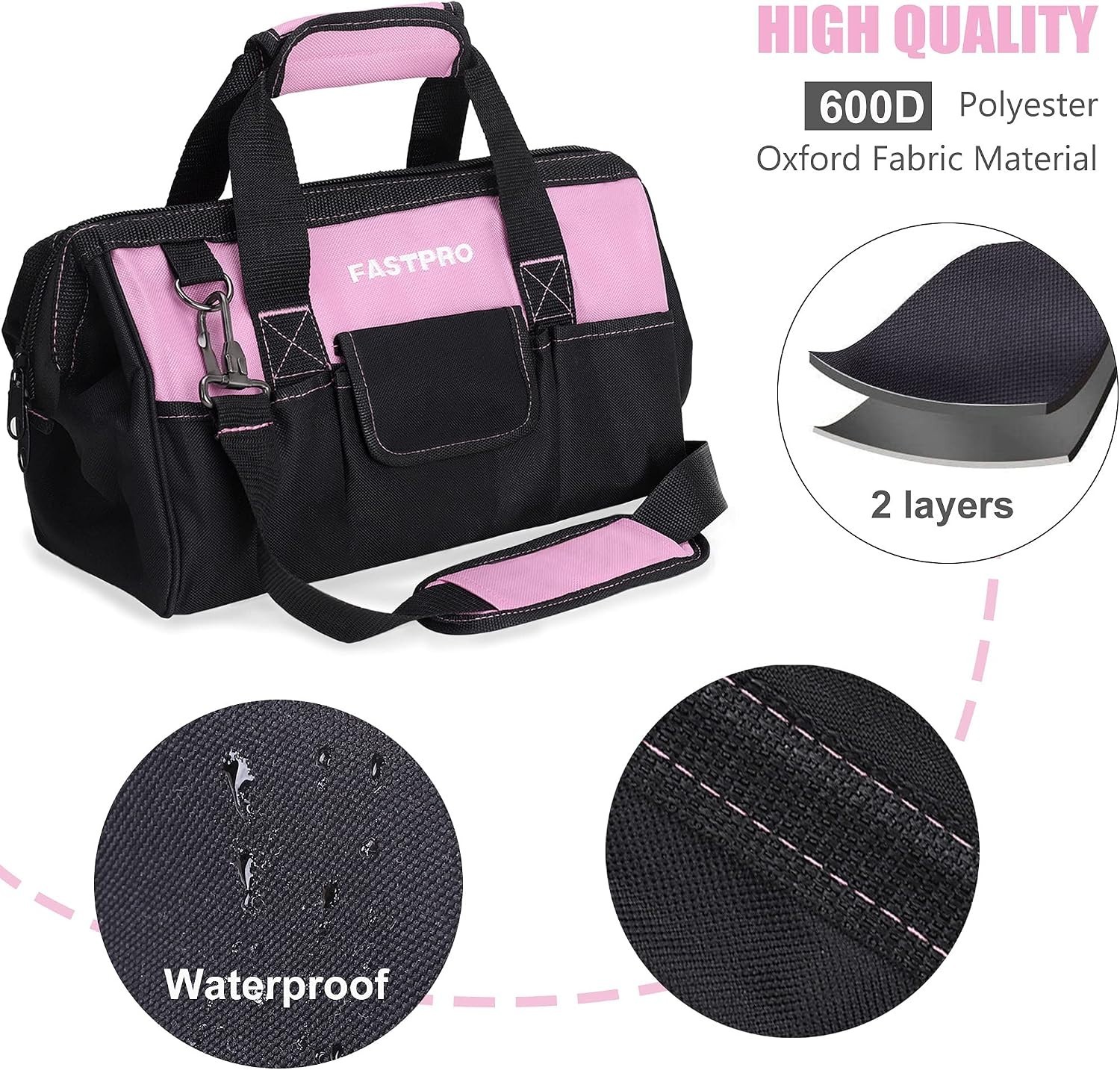 14-Inch Pink Tool Bag for Women, Zip-top Wide Mouth Open Tool Organizer, with…