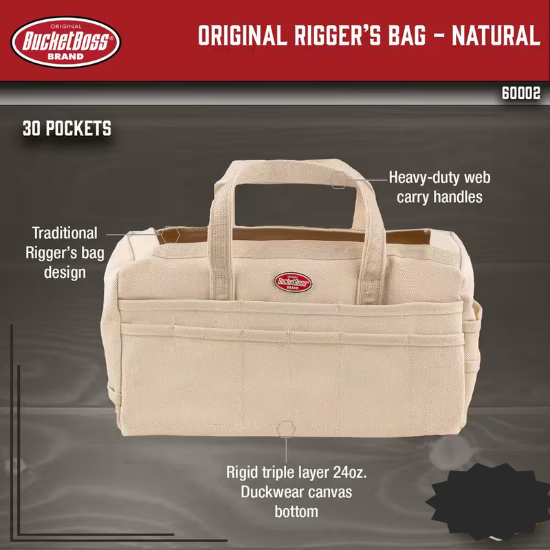 Tool Bag Canvas Heavy Duty 17 Inch Tote with 30 Pockets Waterproof Beige Rigger