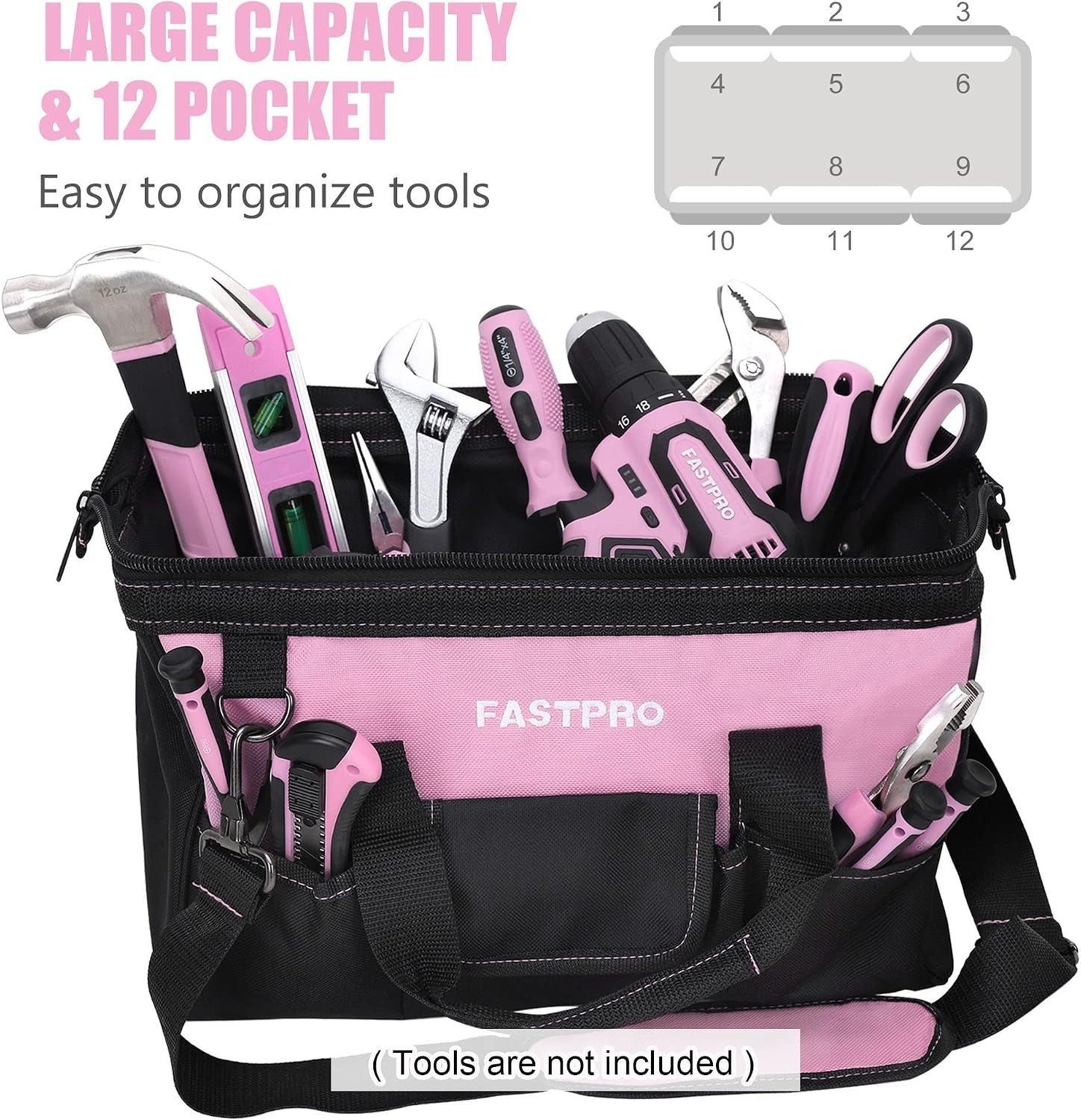 14-Inch Pink Tool Bag for Women, Zip-top Wide Mouth Open Tool Organizer, with…