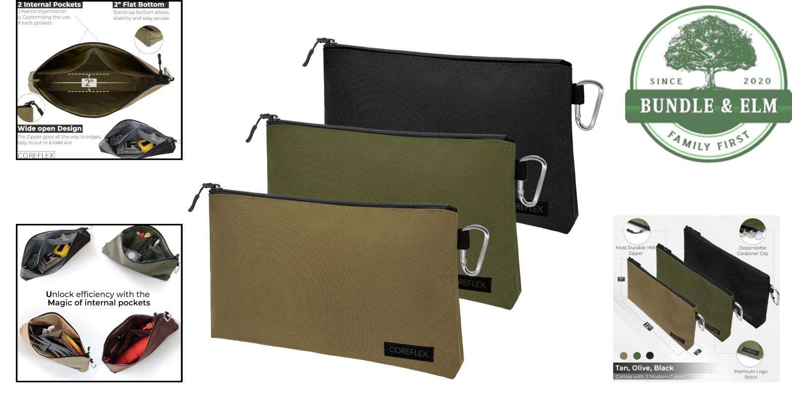 Compact Tool Bag Set, 12-Inch Zippered Pouches for Tools and Everyday Items