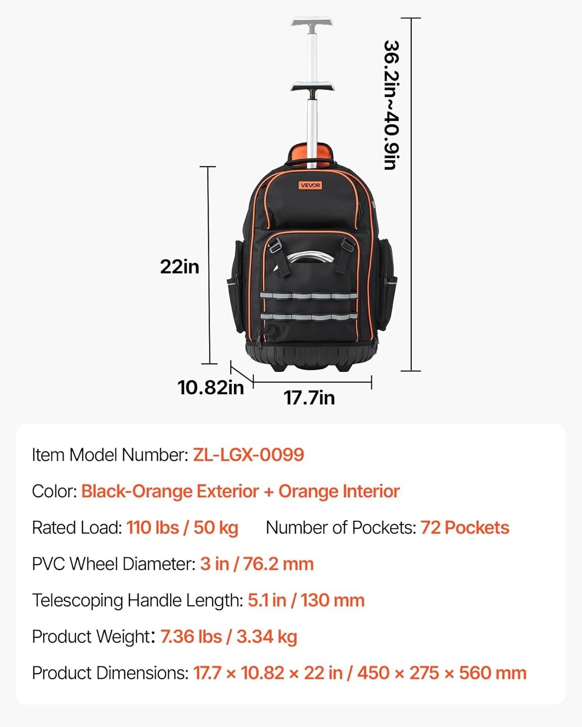 Professional Heavy Duty Tool Backpack with Wheels – 110 lbs Capacity, 72 Pockets