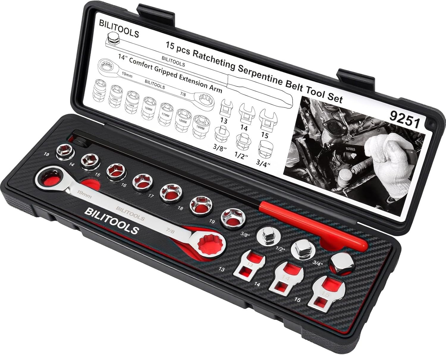 15-Piece Carbon Steel Serpentine Belt Tool Set with Ratcheting Wrench & Adapters