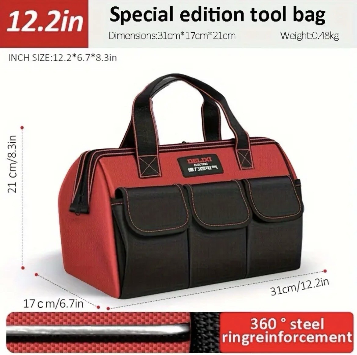 Delixi 1680D Thickened Oxford Cloth Tool Bag, 12.2”, Multi-pocket Large Capacity