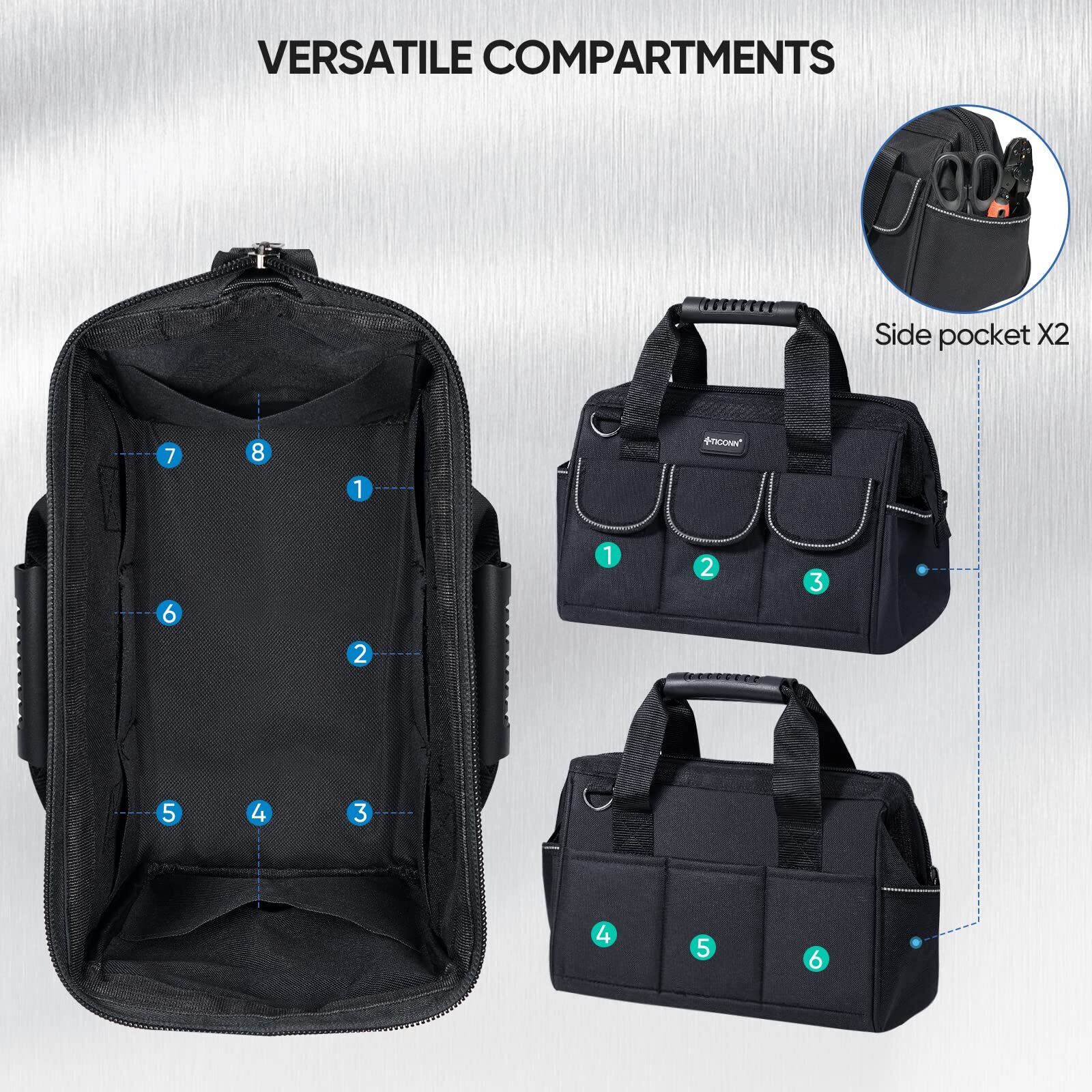12in Tool Bag With Waterproof Soft Bottom Multipockets Wide Mouth Tool Tote With