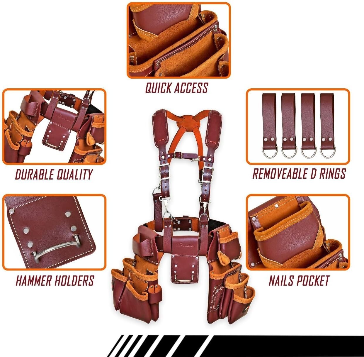 19-Pocket Leather Tool Belt Pouch Suspenders with Comfort Back for Electricians