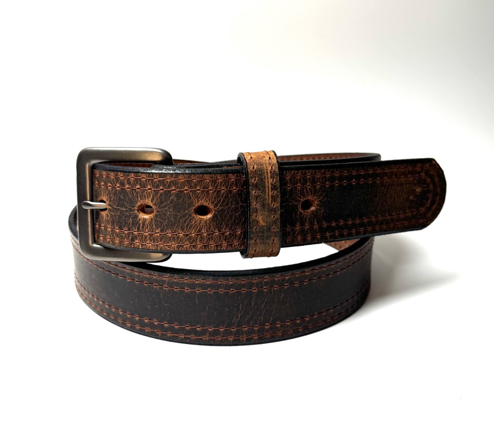 Water Buffalo Double Stitch Crazy Horse Belt – Brown Stitching – Amish Made