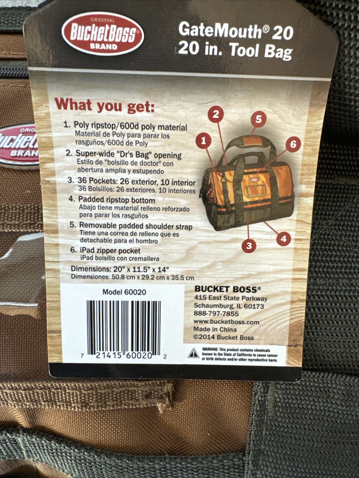 BUCKET BOSS Bag/Tote Tool Bag 14.5″ x 20″ x 11.5″ Polyester Pockets Brown Green
