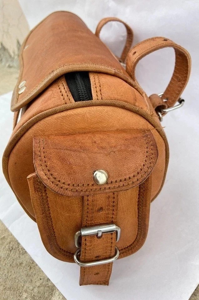 Goat Leather Motorcycle Tool Bag Vintage Strap Buckle Closure Brown Genuine