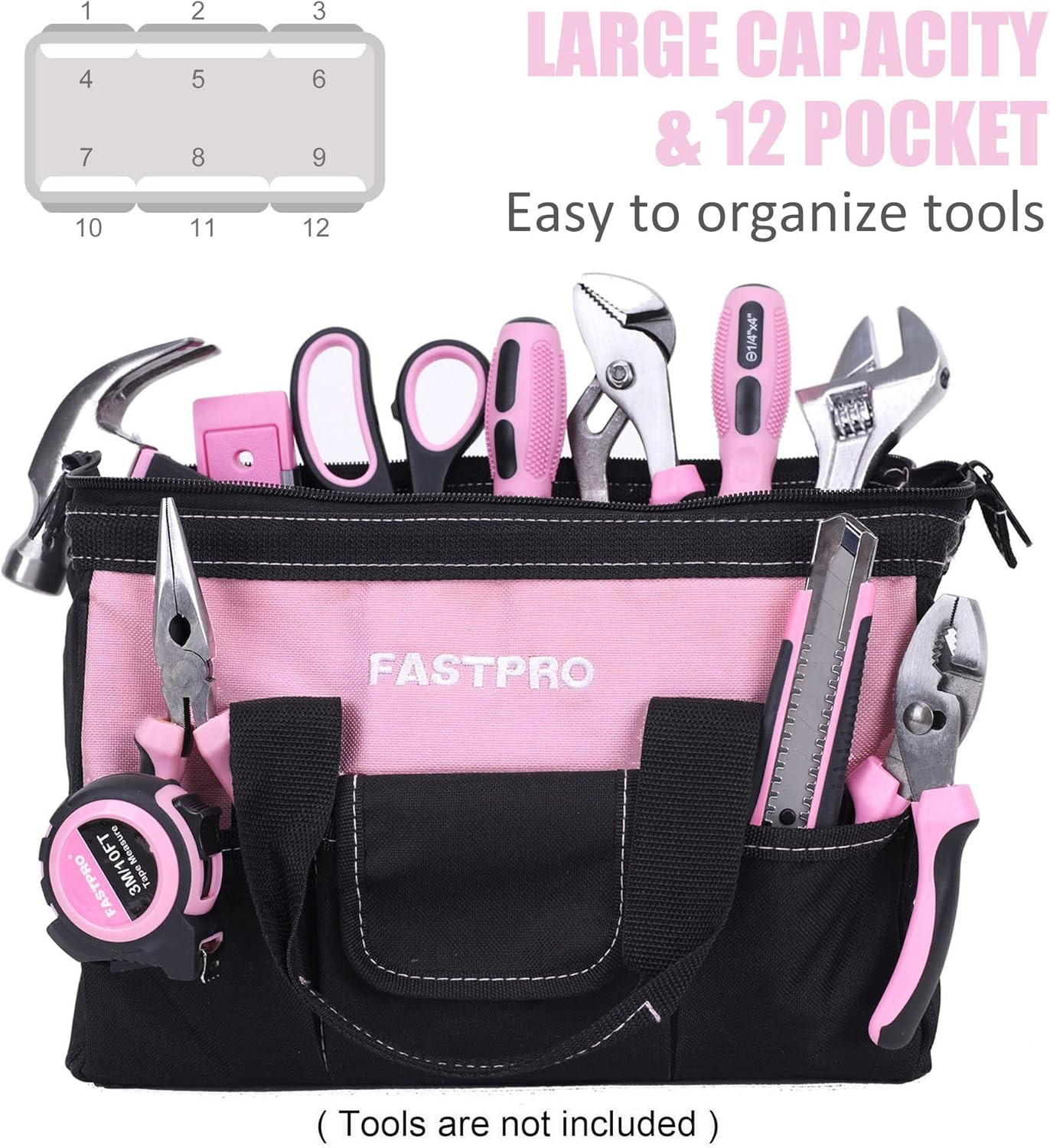 12-Inch Pink Tool Bag,Zip-Top Wide Mouth Open Storage, 600D Polyester Fabric Mat